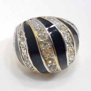 Vintage Cocktail 18 KHGE Ring, Black Enamel, Clear Rhinestones, Size 5, 1990s